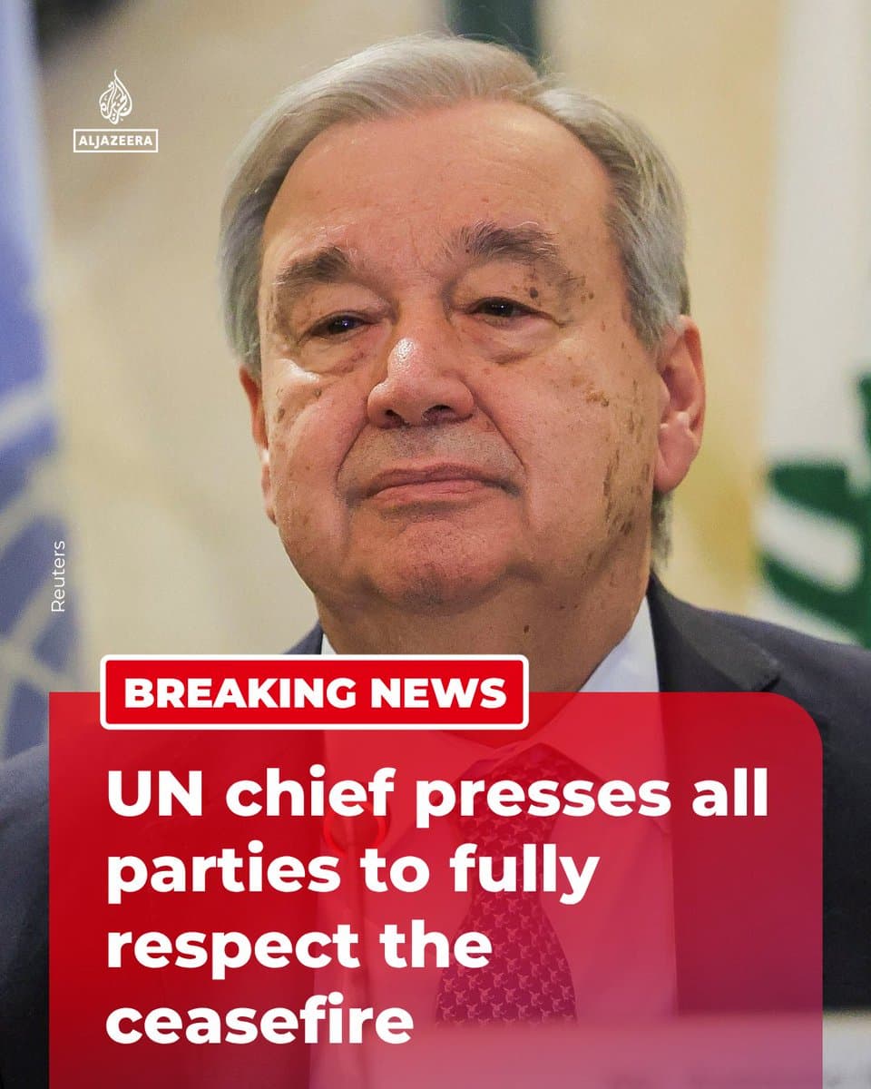 BREAKING: UN Secretary-General Antonio Guterres says all parties must respect the cessation of hostilities and the ceasefire, urging every party to fully uphold the halt in fighting and avoid any steps that risk reigniting violence, Reuters reports.