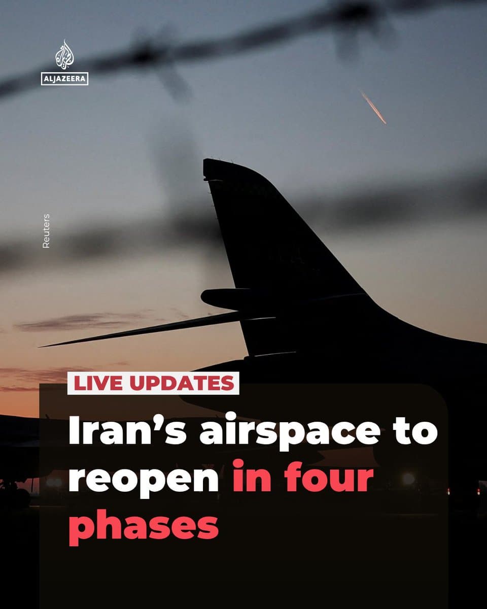 Iranian airspace reopens in four phases: first for transit flights, then from eastern airports, followed by Tehran’s Mehrabad and Imam Khomeini, and finally from other western airports, Local media reports. 🔴 LIVE updates: