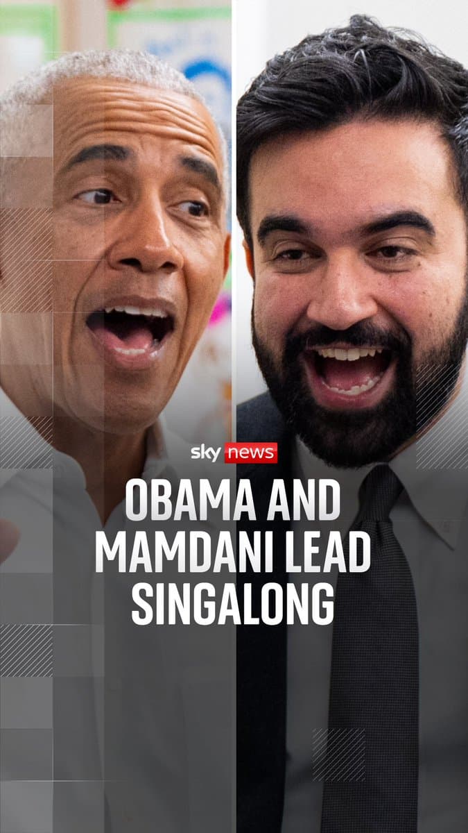 Former U.S. president Barack Obama and New York mayor Zohran Mamdani sang "the wheels on the bus go round and round" at a child care centre in New York. Both men were then mobbed by children as they sat on the floor for a photo.