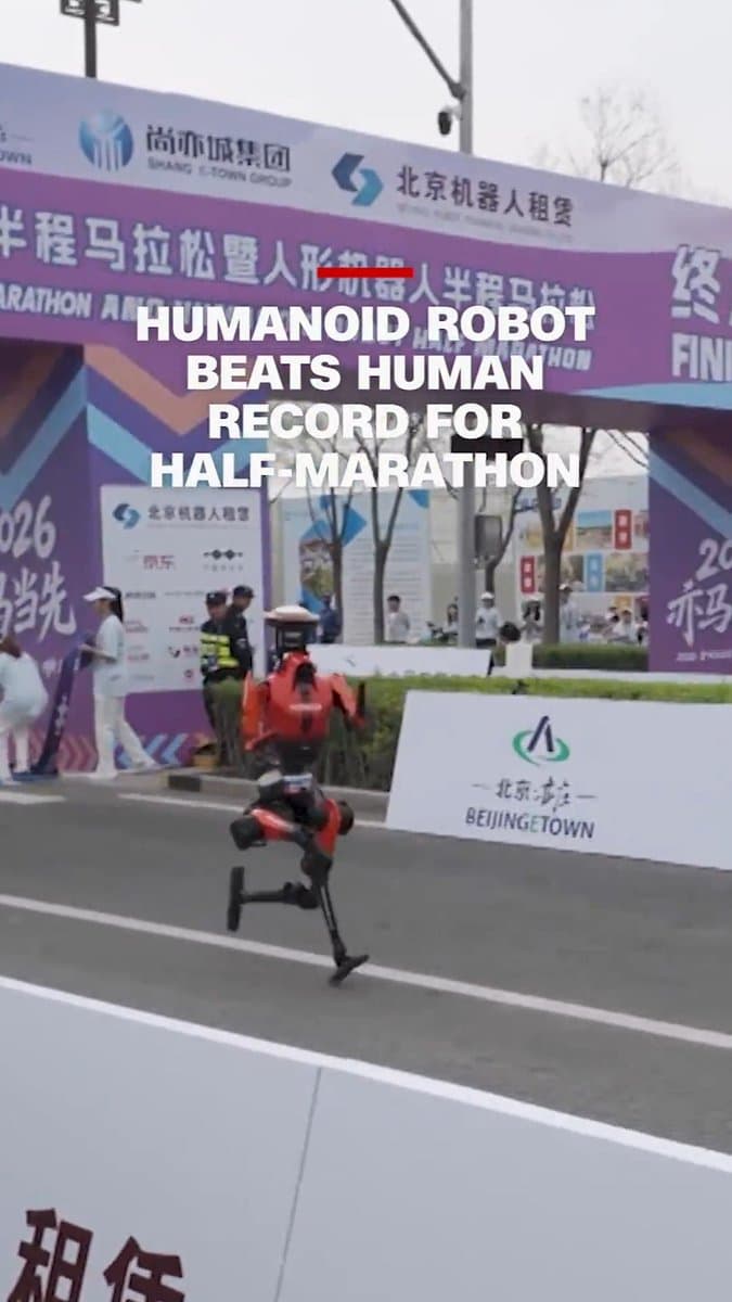 A humanoid robot won a half-marathon in Beijing in 50 minutes and 26 seconds, finishing faster than Ugandan runner Jacob Kiplimo's world record. Read more: pic.