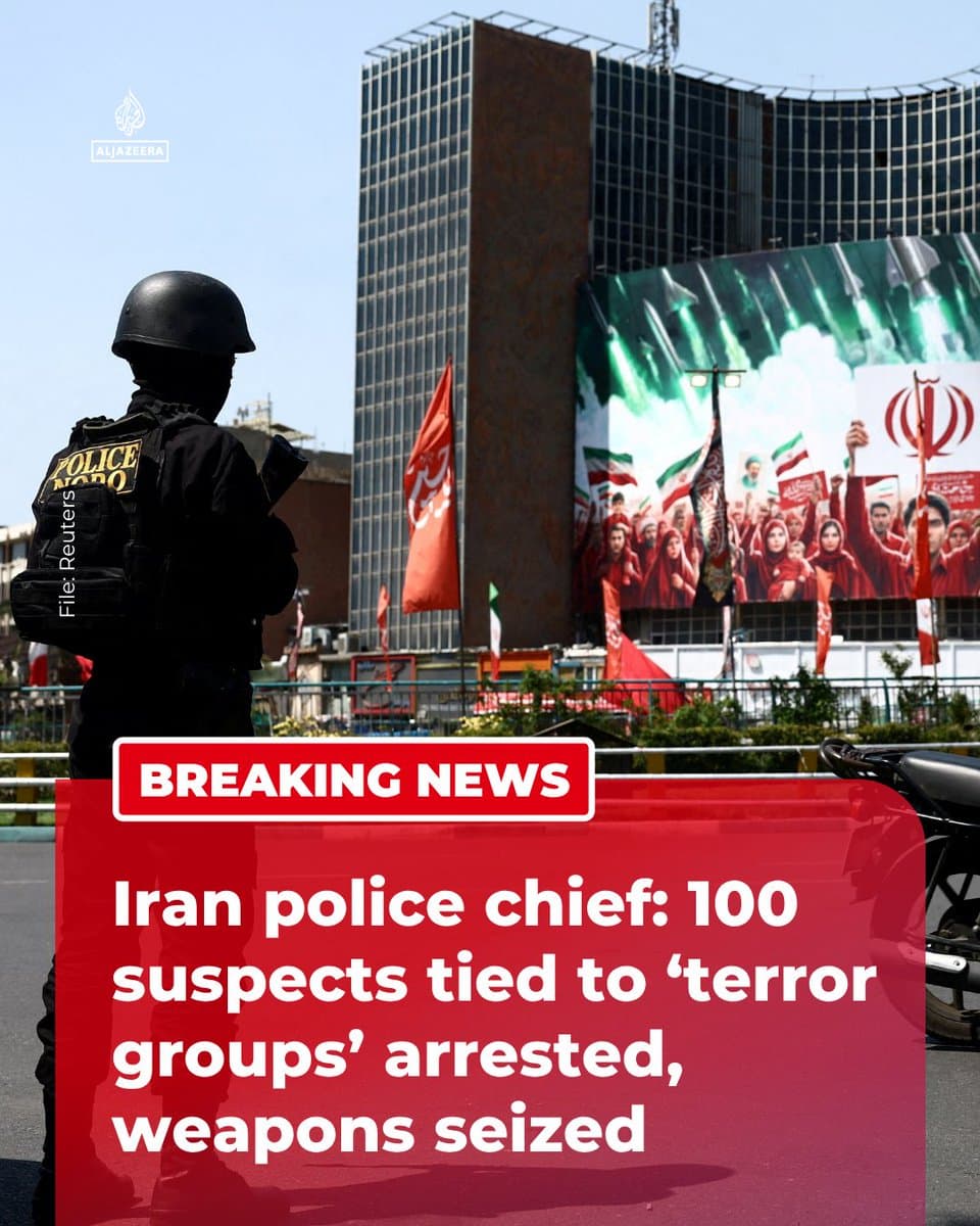 RT by @AJEnglish: BREAKING: 100 individuals linked to “terrorist groups” were arrested during recent operations, with weapons and ammunition also seized, according to an Iranian police chief. pic.