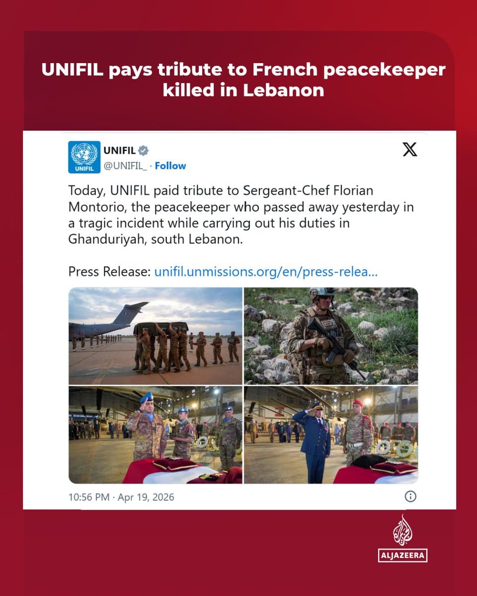UNIFIL has repatriated the remains of French peacekeeper Florian Montorio to France. Head of Mission Major-General Diodato Abagnara paid tribute to Montorio, honouring his service as part of the UN force in southern Lebanon. 🔴 LIVE updates: pic.