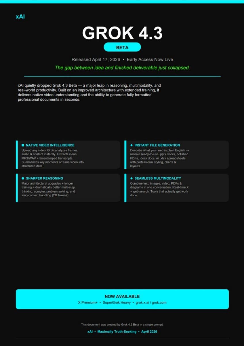RT by @elonmusk: Wait? What did I just read? Grok 4.3 just broke the game?@xAI dropped the nuke: @Grok can now spit out full Microsoft Word docs, PDFs, PowerPoints, and Excel spreadsheets on command. No more "sorry I can’t generate files" excuses, this AI is actually useful AF@elonmusk pic.