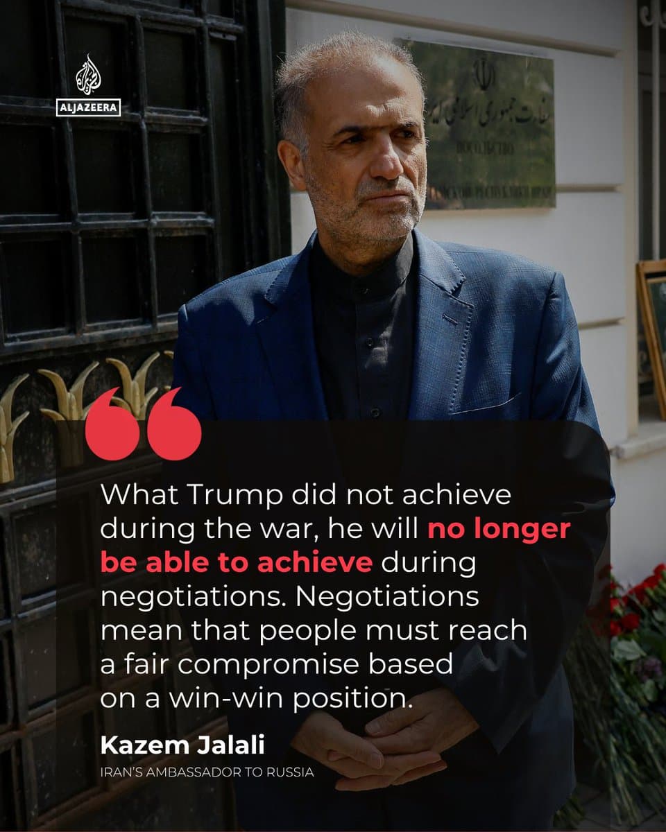 Iran’s Ambassador to Russia Kazem Jalali has said the US and Israel have failed in their attacks on Iran, and warned that Washington will not fare better at the negotiating table. 🔴 LIVE updates: pic.
