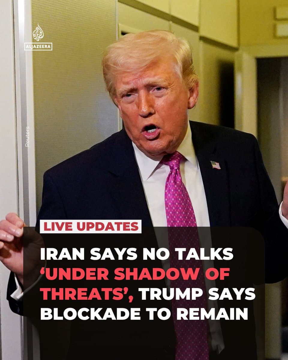 Diplomatic efforts to end the US-Israeli war on Iran remain uncertain, with Tehran saying it will not negotiate under the “shadow of threats” and President Trump saying the US blockade on Iranian ports will remain. 🔴 Follow our LIVE coverage: pic.