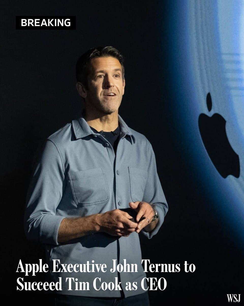 Apple has named John Ternus, a longtime insider who has been groomed as a top executive overseeing hardware projects for years, as its new chief executive, succeeding Tim Cook. pic.