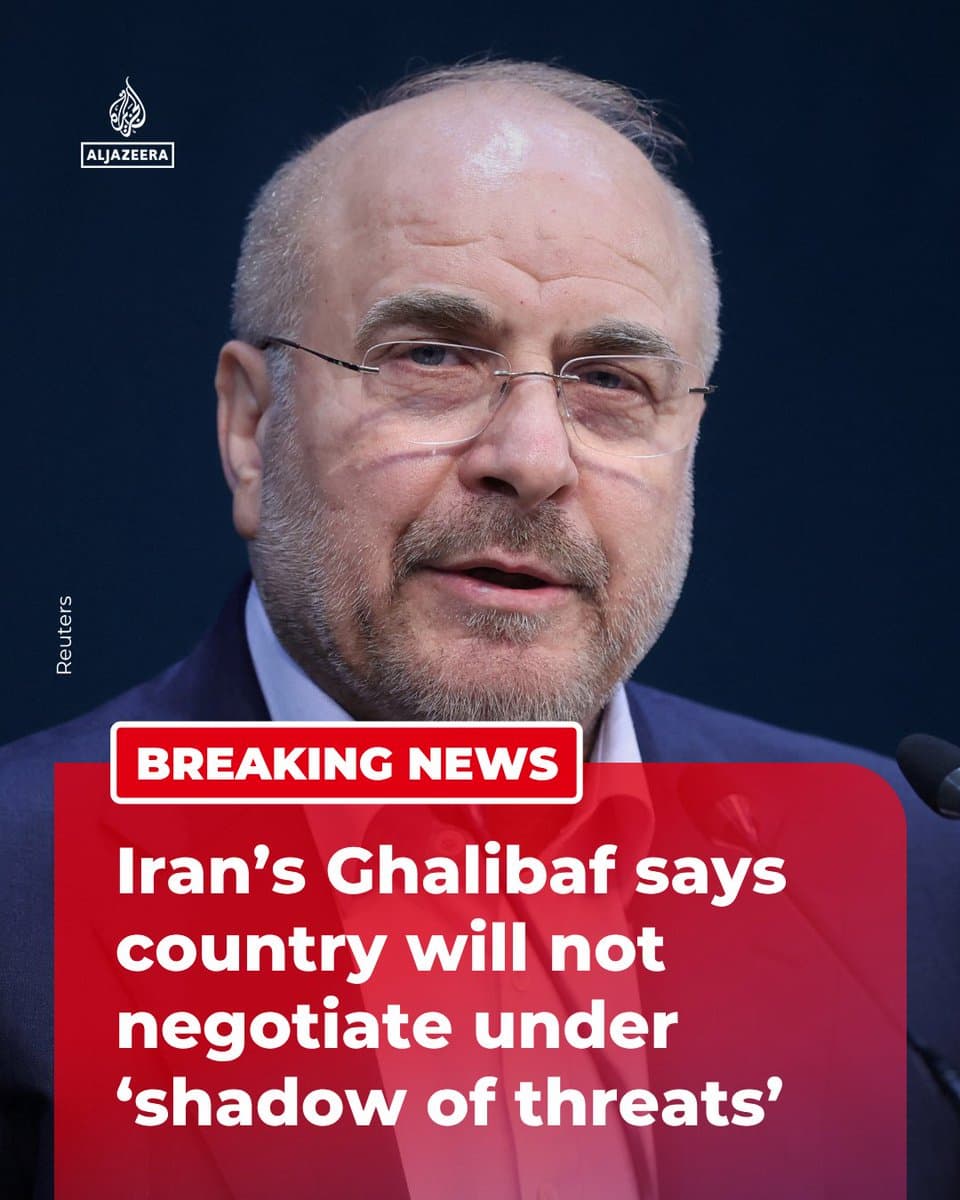 BREAKING: Iran’s Parliament Speaker and negotiator Mohammad Bagher Ghalibaf says that the country will not negotiate under “threats” and hinted that it has been preparing new military capabilities in case talks fail. 🔴 LIVE updates: pic.