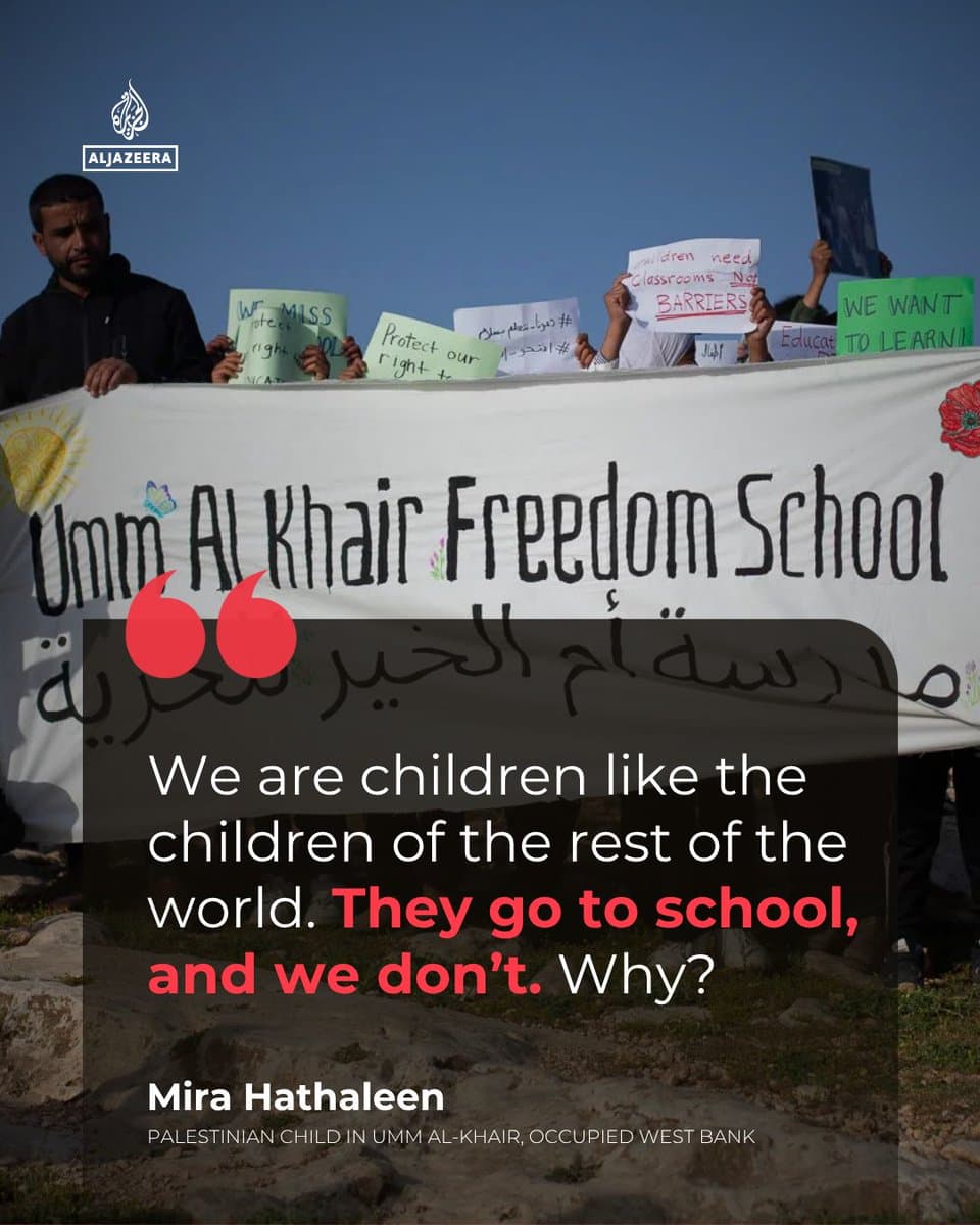Palestinian children from Umm al-Khair in the occupied West Bank protest after Israeli settlers erect a fence blocking access to school. Read more:
