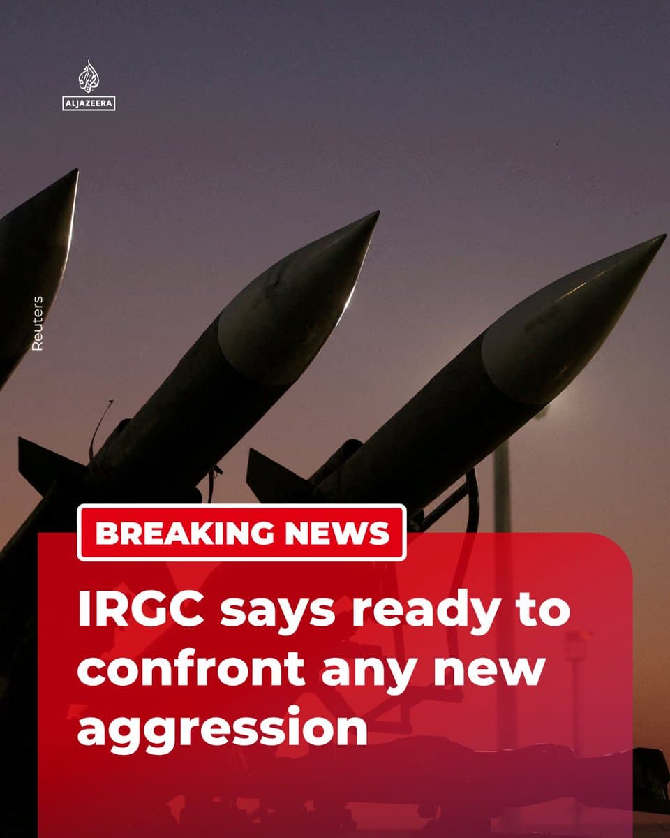 Iran's Islamic Revolutionary Guard Corps says it is ready to confront any new aggression and will “inflict crushing blows on the enemy's remaining assets” in case of renewed battle, according to the Mehr news agency. 🔴 More on pic.