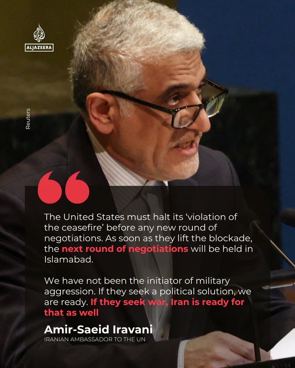 Iran’s ambassador to the UN, Amir-Saeid Iravani, told media outlets that Tehran is ready to negotiate when the US lifts the blockade. 🔴 LIVE updates: pic.