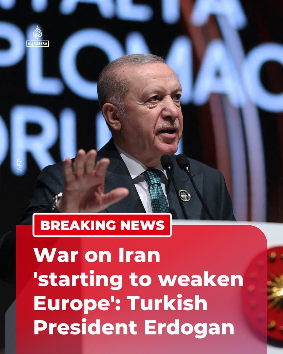 RT by @AJEnglish: BREAKING: Turkish President Recep Tayyip Erdogan says the war on Iran is beginning to “weaken Europe” and urges an approach that “prioritises peace” to prevent far greater damage, according to a readout of his talks with Germany’s Steinmeier. 🔴More on pic.