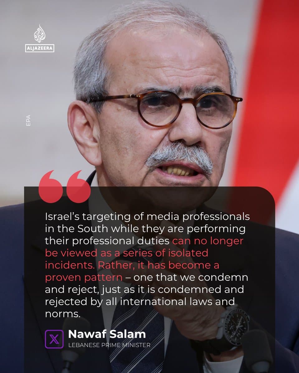 Lebanese PM Nawaf Salam has condemned the killing of journalist Amal Khalil, calling her targeting and the blocking of rescuers a “blatant war crime,” and says Lebanon will pursue legal accountability. 🔴 LIVE updates: pic.