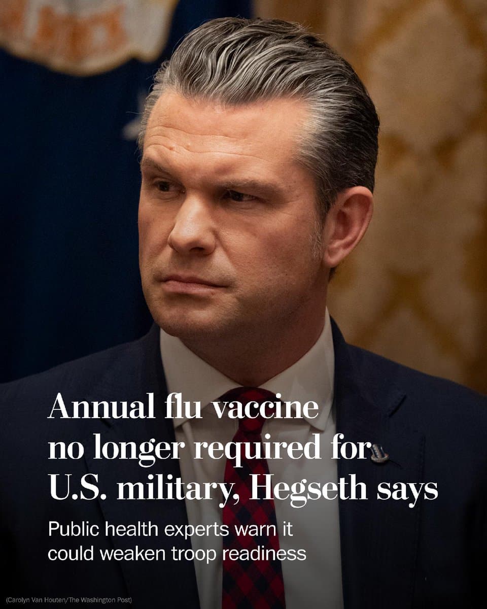 The military will no longer require U.S. troops to receive the annual flu vaccine, Defense Secretary Pete Hegseth said, rolling back what he described as “absurd, overreaching mandates that only weaken our war-fighting capabilities.” pic.