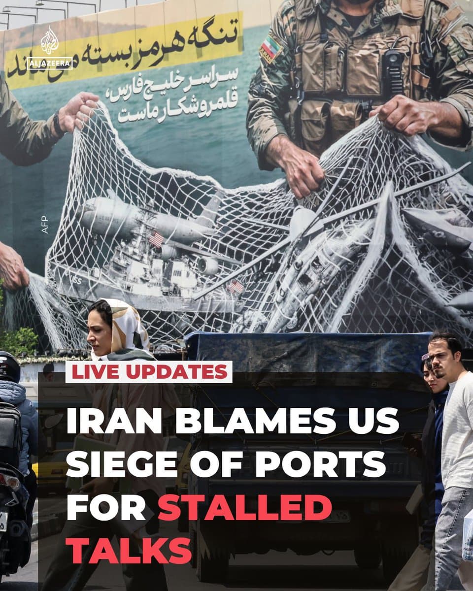 Iran blames the US for stalled talks over its naval blockade, as top negotiator Mohammad Bagher Ghalibaf says Israel’s “warmongering” and flagrant ceasefire breaches make reopening the Strait of Hormuz “impossible.” 🔴 Follow our LIVE coverage: pic.