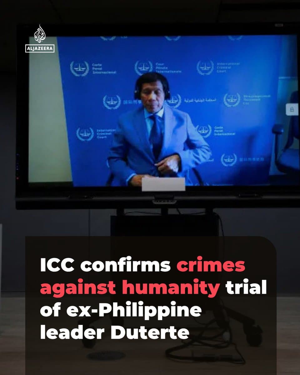 Judges ⁠at the International Criminal Court (ICC) have confirmed all three counts of murder as crimes against ⁠humanity against former Philippine President Rodrigo Duterte and committed him to trial pic.