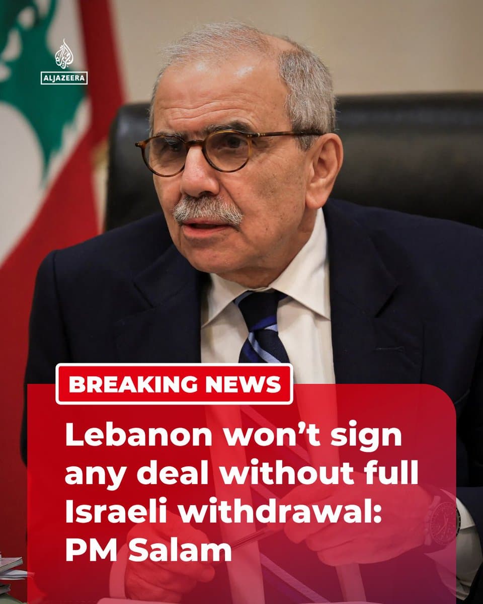 BREAKING: Lebanon cannot sign any agreement that does not include a “full withdrawal” of Israeli forces, PM Salam says ahead of Thursday’s talks in Washington. 🔴 LIVE updates: pic.