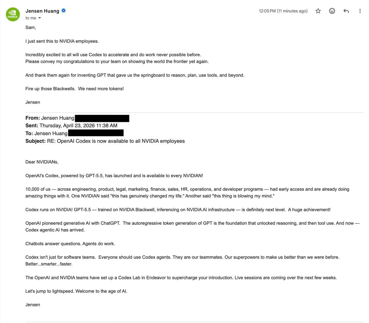 We tried a new thing with NVIDIA to roll out Codex across a whole company and it was awesome to see it work. Let us know if you'd like to do it at your company! pic.