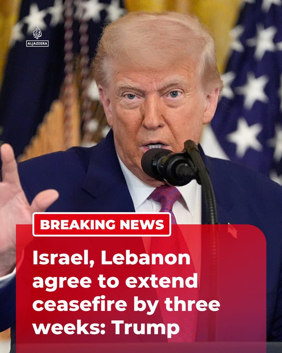 BREAKING: US Donald Trump says Israel and Lebanon have agreed to extend their ceasefire by three weeks after talks at the White House, adding the meeting “went very well.” 🔴 LIVE updates: