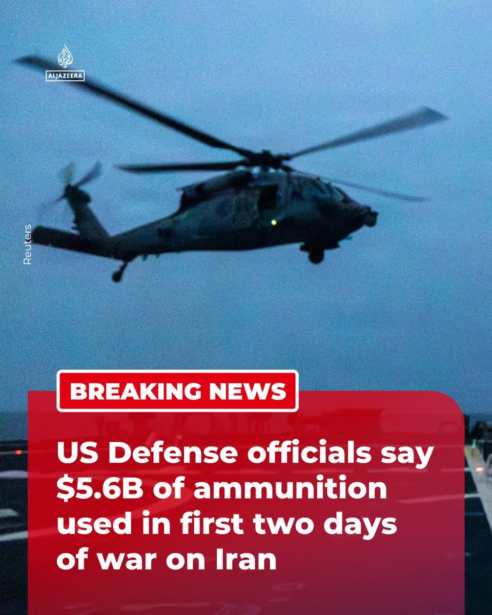 RT by @AJEnglish: BREAKING: Defense officials say $5.6bn of ammunition was used in the first two days of the US-Israel war on Iran, including 1,200 Patriot missiles at over $4mn, according to US media reports. 🔴 Follow for more pic.