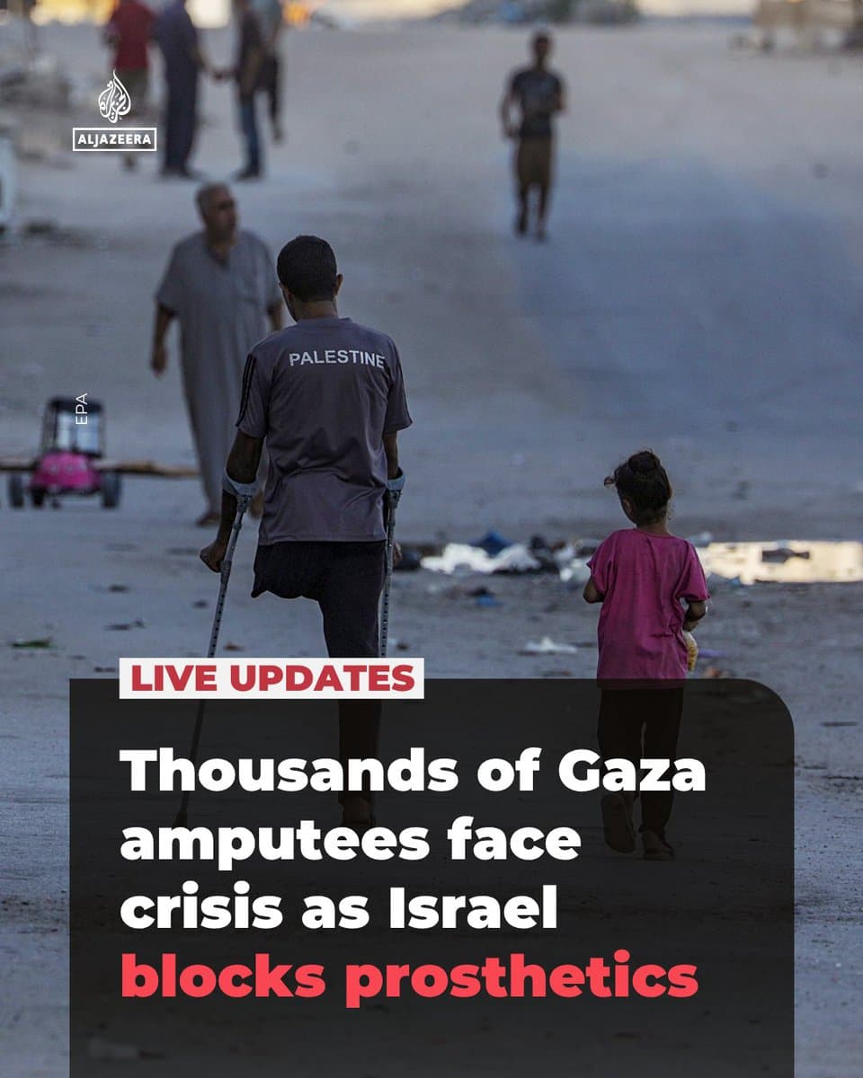 Between 5,000 and 6,000 people in Gaza have lost limbs, as amputees face a deepening care crisis with Israel blocking prosthetics from entering, according to UK-based humanitarian organisation Humanity & Inclusion. 🔴 LIVE updates: