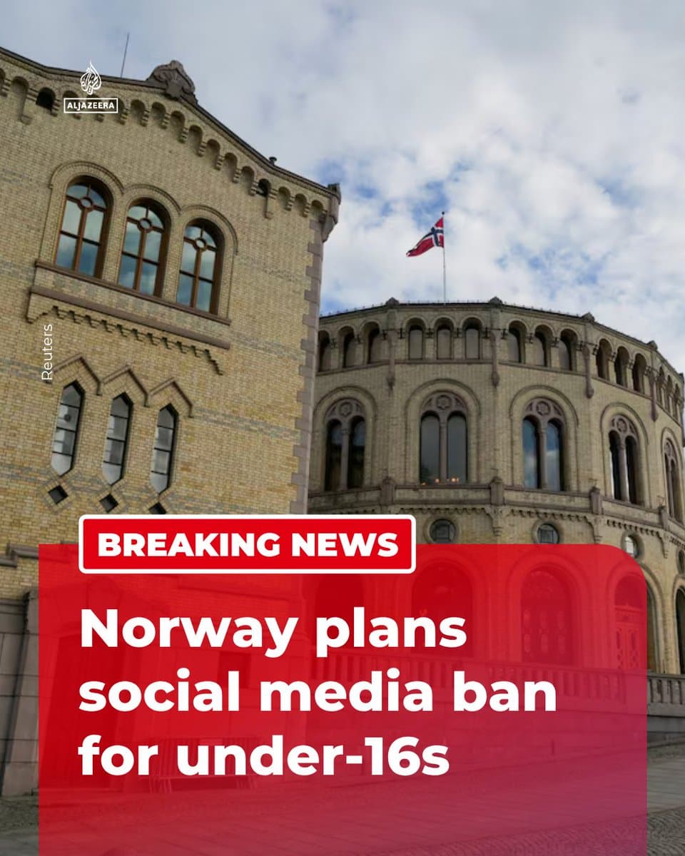 BREAKING: Norway's government said on Friday it will propose a ban on the use of social media for children under the age of 16. 🔴 Follow for more
