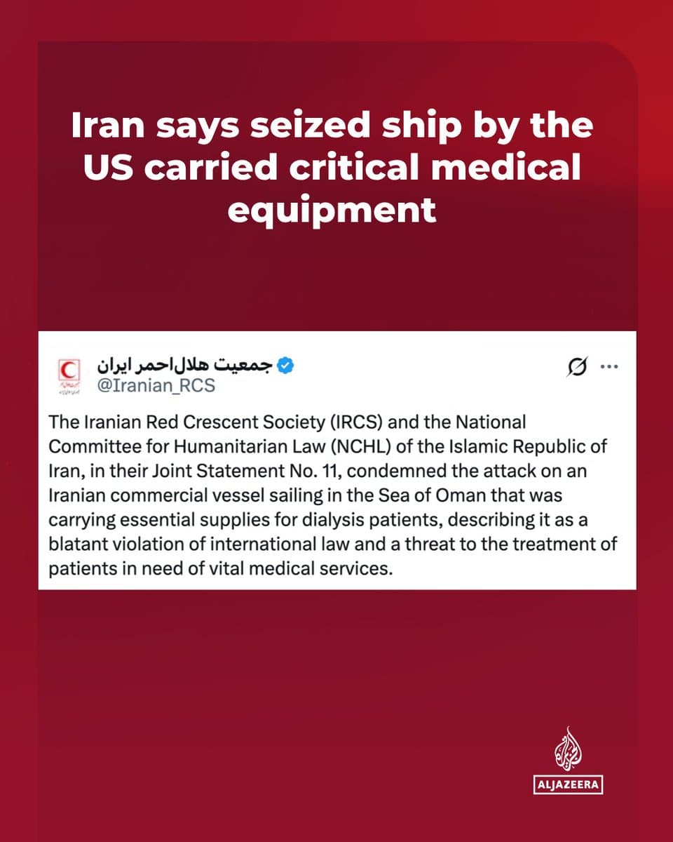 The IRCS, NCHL, and the Iranian government have issued a joint statement calling the US seizure of the commercial vessel Touska, which was carrying essential medical supplies on April 19, “a blatant violation of international law.” 🔴 LIVE updates: