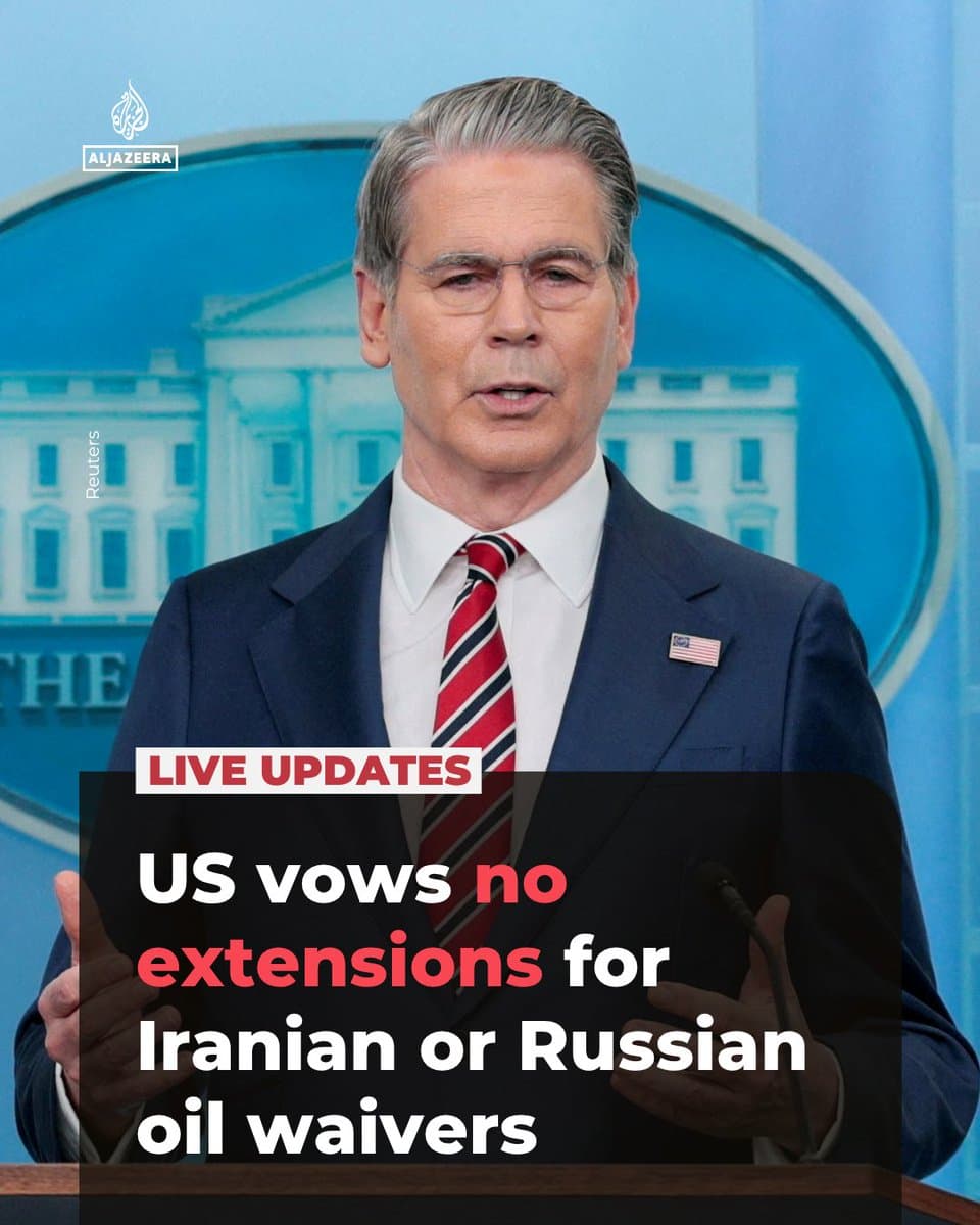 Treasury Secretary Scott Bessent has confirmed the US will not renew waivers permitting the purchase of Russian oil and petroleum products currently in transit, reports The Associated Press. 🔴 LIVE updates: pic.