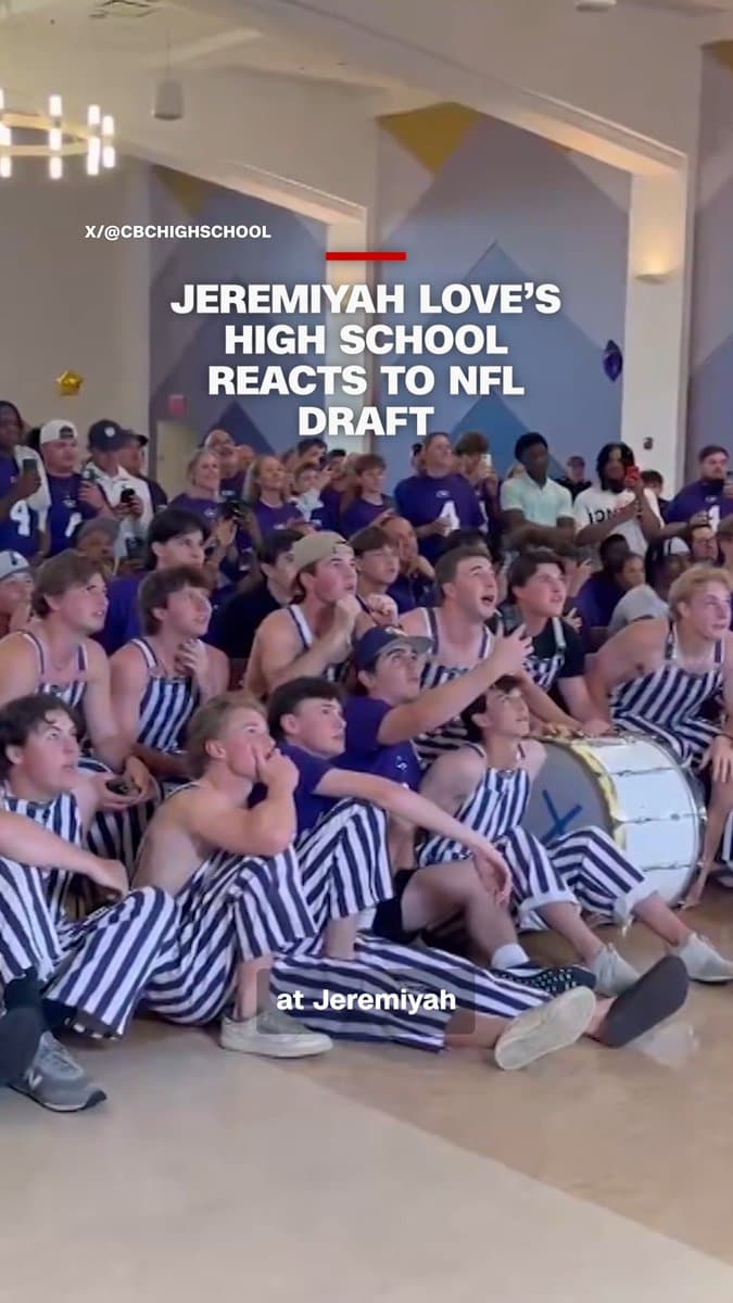 Running back Jeremiyah Love's former high school celebrates the moment he was picked by the NFL's Arizona Cardinals. Read more about the NFL draft: pic.