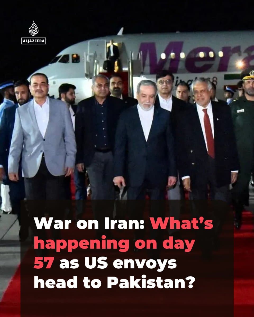 US envoys Steve Witkoff and Jared Kushner will travel to Pakistan on Saturday for talks with Iran, the White House has said, while Iranian FM Abbas Araghchi has arrived in Islamabad. Here is what has been happening on day 57 pic.