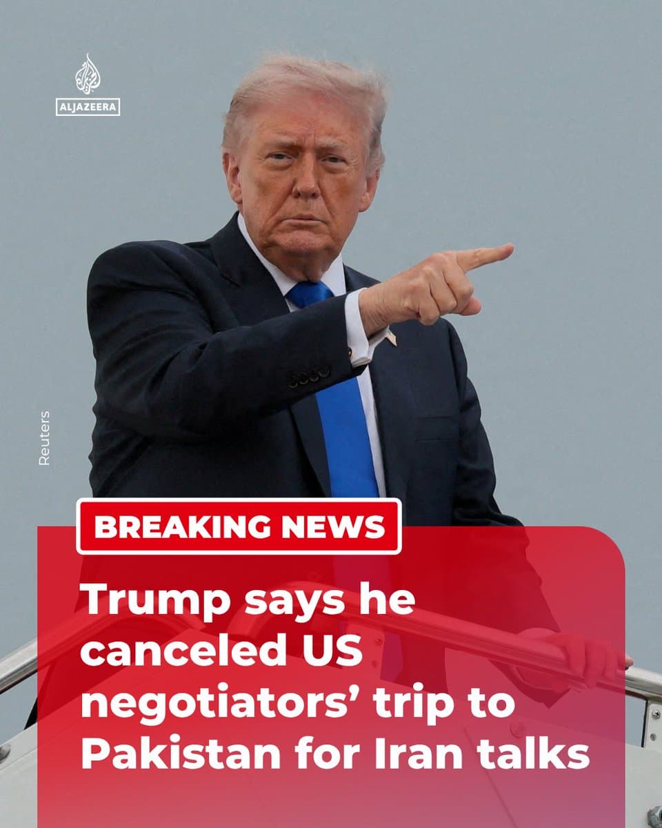 BREAKING: ⁠US President Donald Trump ⁠has canceled a ⁠planned trip to Pakistan by ‌envoys Jared Kushner and Steve Witkoff for peace ⁠talks with Iran, US ⁠media reports say. 🔴 LIVE updates: pic.