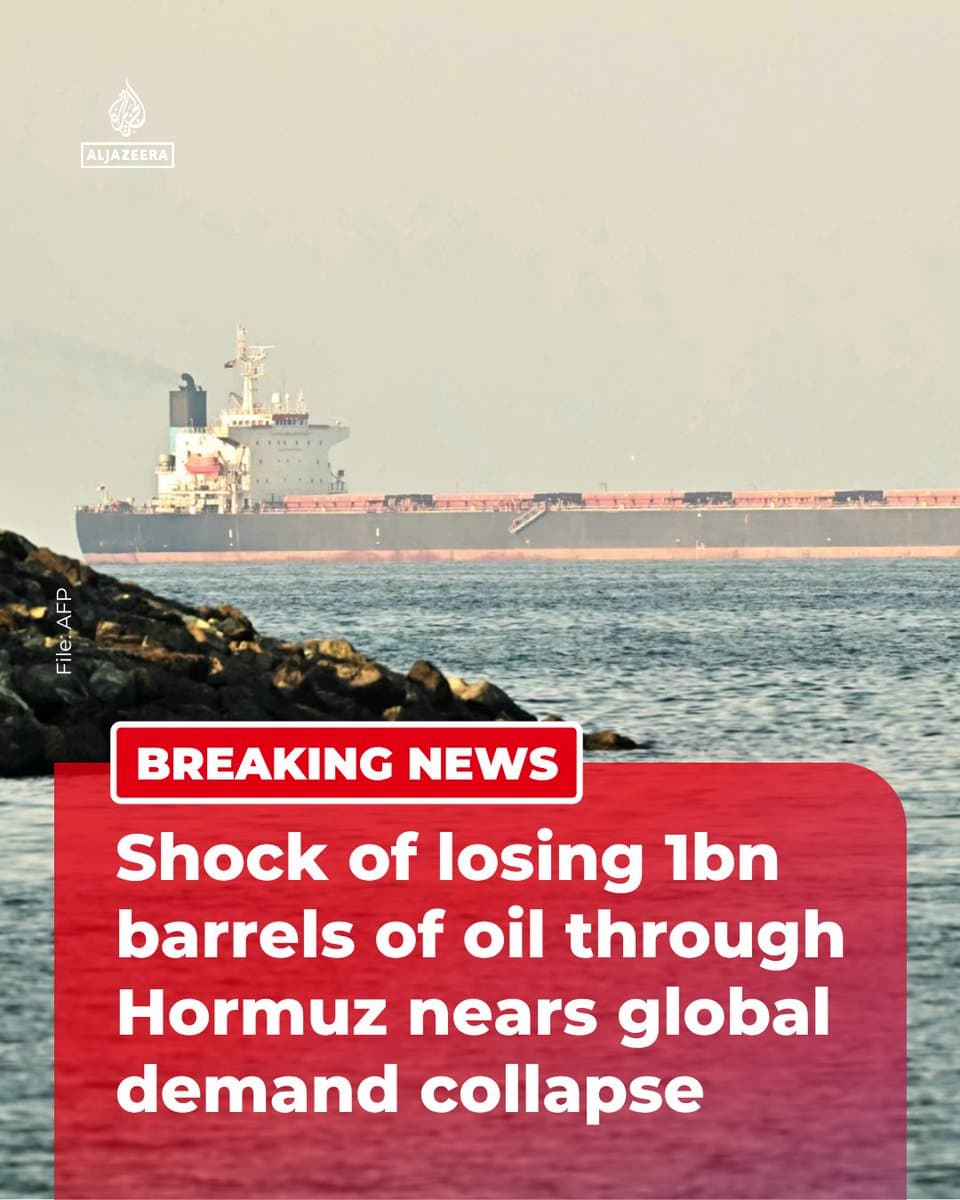 BREAKING: The potential loss of around one billion barrels of oil passing through the Strait of Hormuz threatens a sharp drop in global demand, reports US media. 🔴 More on