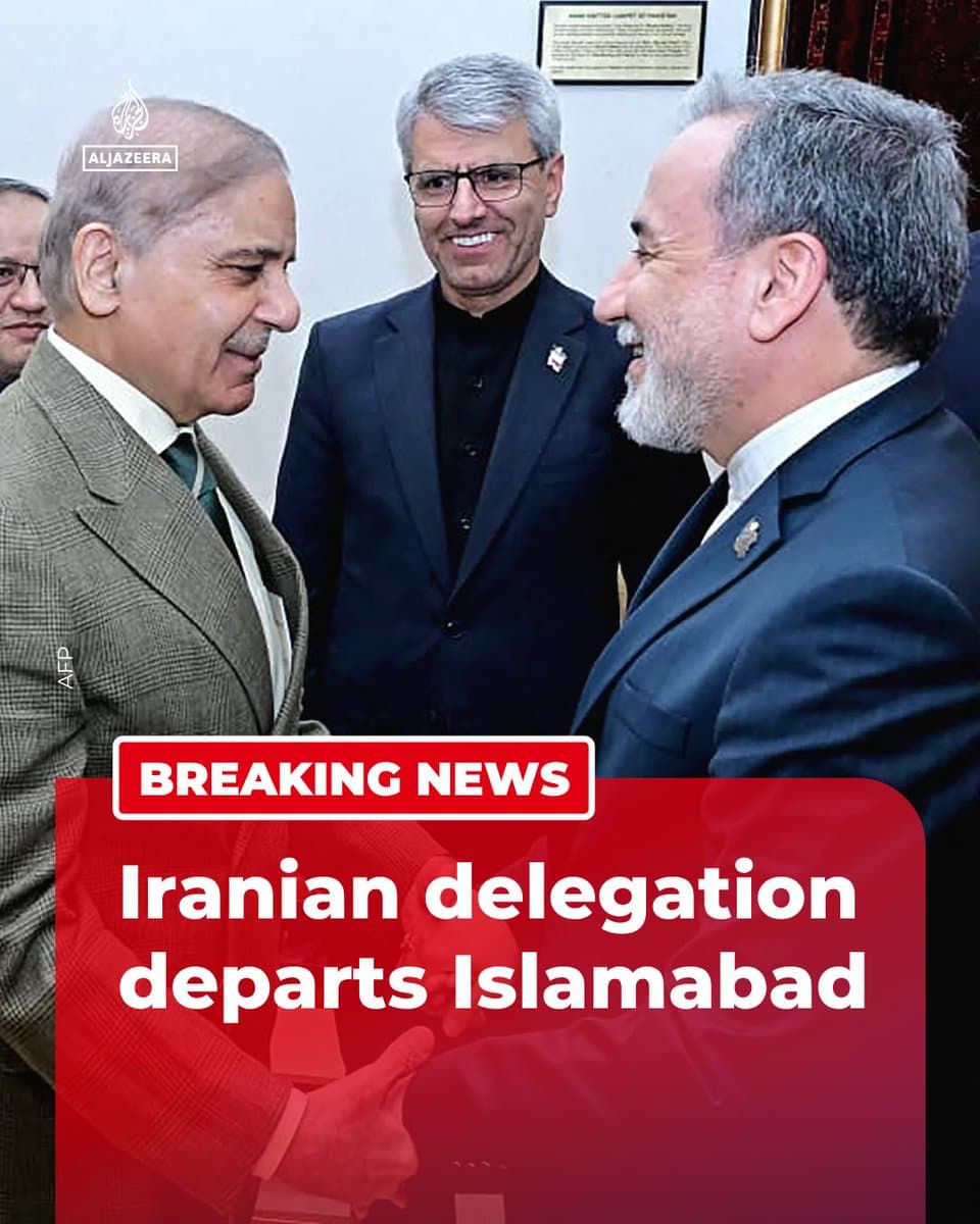 BREAKING: Iran’s delegation has departed Islamabad after holding high-level meetings all day and delivered its official list of demands for ending the US-Israeli war to Pakistani leaders, reports Al Jazeera’s @osamabinjavaid. 🔴 LIVE updates: