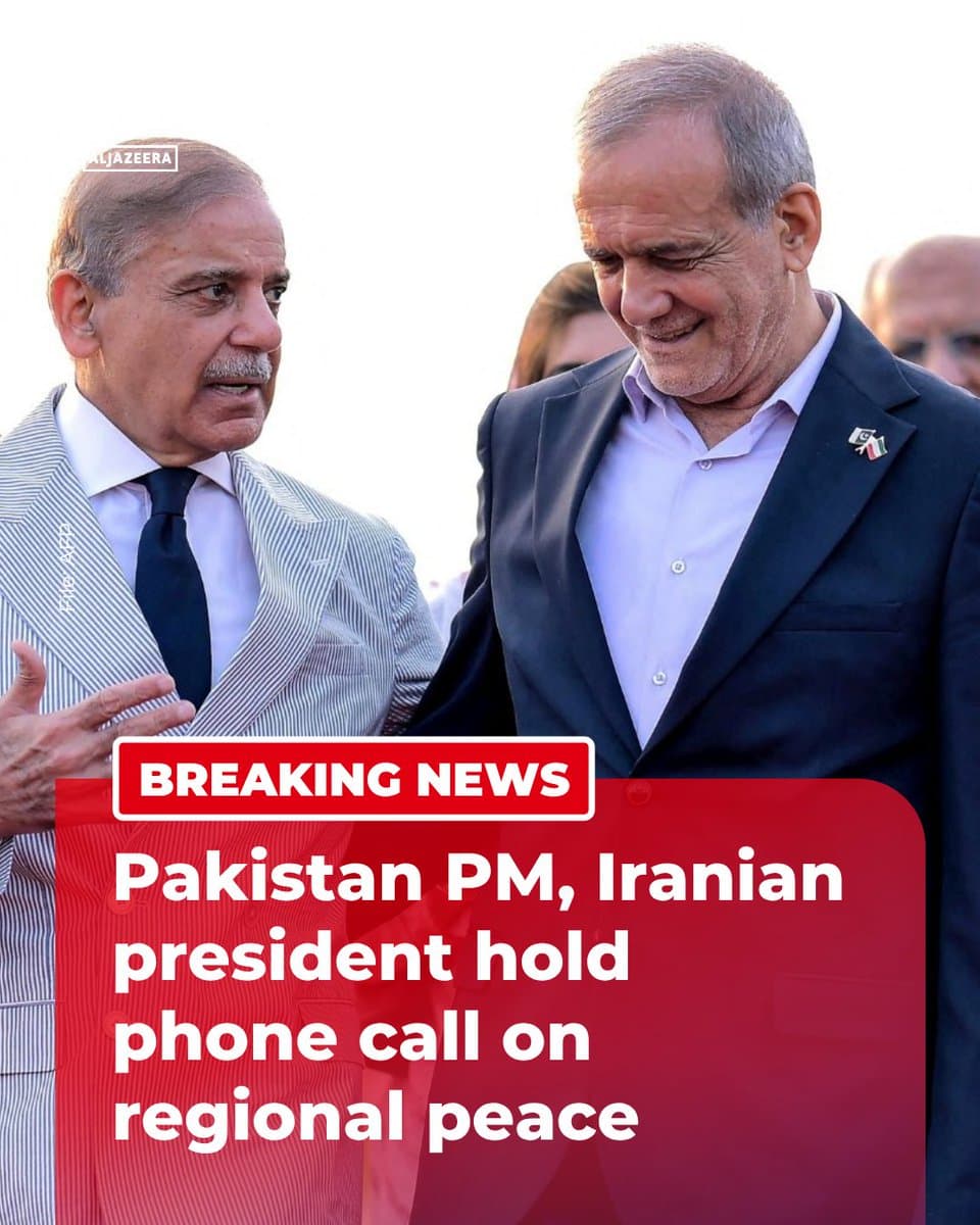 RT by @AJEnglish: BREAKING: Pakistan’s PM Shehbaz Sharif said in a phone call with Iranian President Masoud Pezeshkian that he reaffirmed Pakistan’s role as a neutral mediator for lasting regional peace and welcomed Iran’s continued diplomatic engagement. 🔴 More on pic.