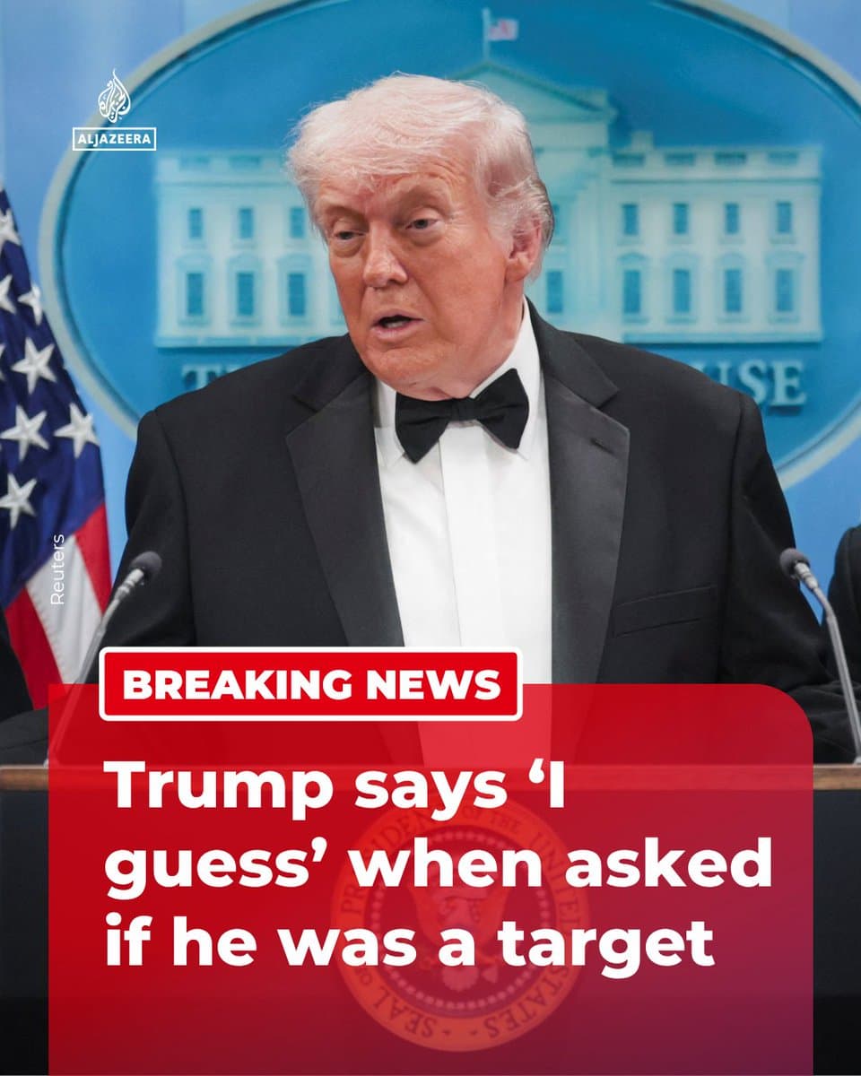 BREAKING: Trump suggested he may have been the target of the shooting, saying “I guess” when asked by reporters, adding the gunman appeared to be a lone actor and dismissing any link to the war on Iran. 🔴 LIVE updates: pic.