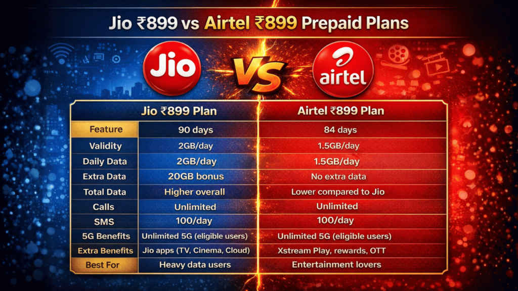 Jio Rs 899 vs Airtel Rs 899 prepaid plan: Validity, data, benefits and more
