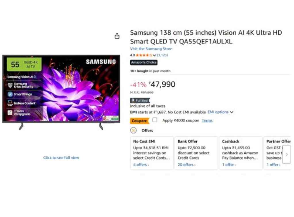 AI ப்ரோசெசர் கொண்ட 55-இன்ச் கொண்ட Samsung QLED TV யில் கூப்பன் மற்றும் பேங்க் ஆபராக ரூ,6500 டிஸ்கவுண்ட்