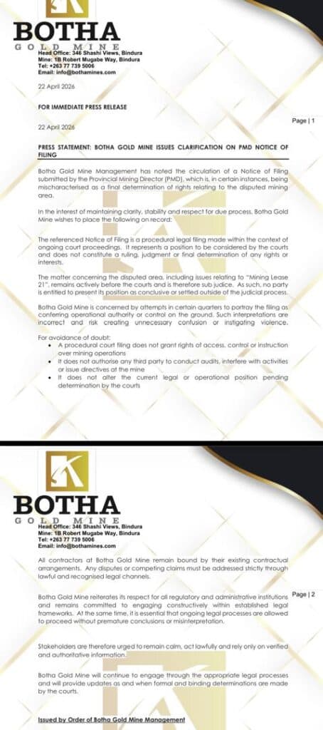 Botha Gold Mine clarifies PMD filing, says dispute remains before courts