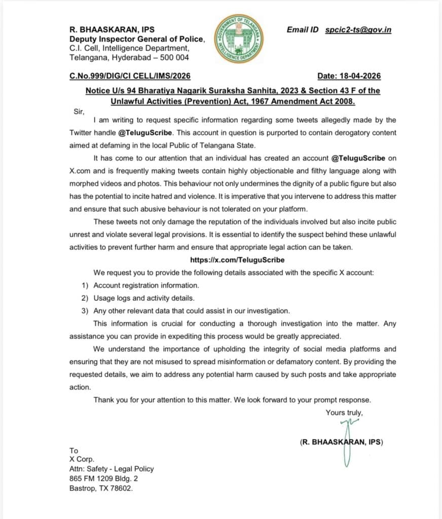 Telangana Police invokes UAPA to demand TeluguScribe’s user data from X