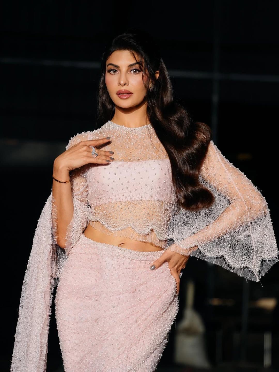 Jacqueline Fernandez’s Manish Malhotra ensemble is a pearl lover’s dream