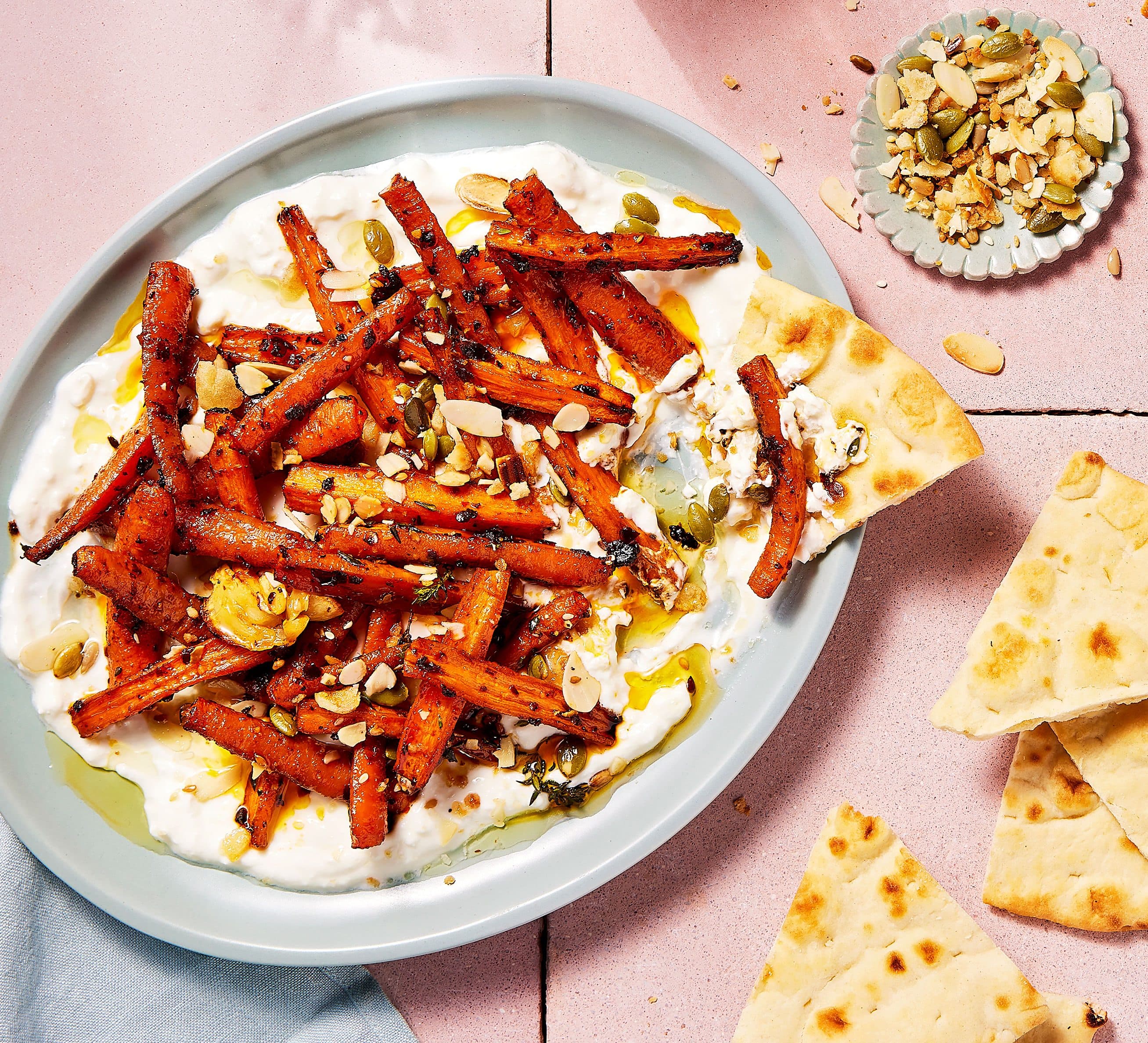 Chipotle & orange roasted carrots with almond crumbs & feta yogurt