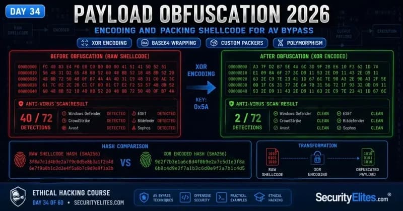 Payload Obfuscation 2026 β Encoding, Encryption & Packing Shellcode for AV Bypass | Hacking Course Day34