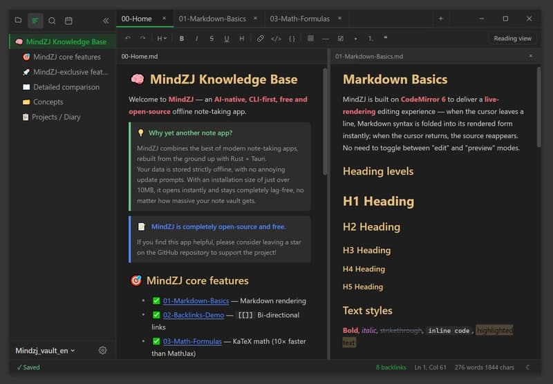 Tired of closed-source notes like Obsidian, Typora, and Notion? I vibe-coded MindZJ: A fully free & open-source note-taking app!