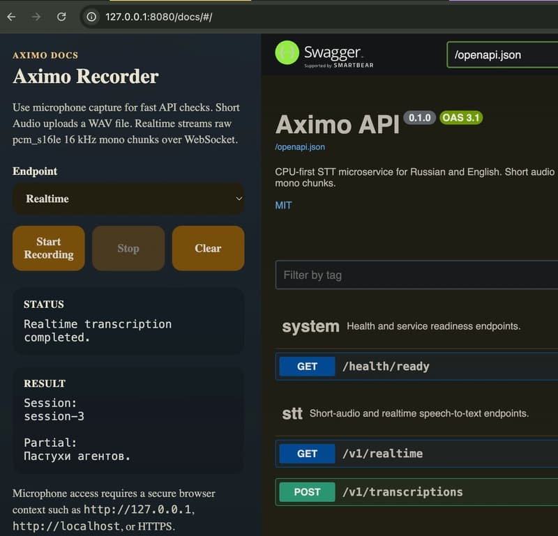 Aximo — a local Rust STT API for CPU-only inference