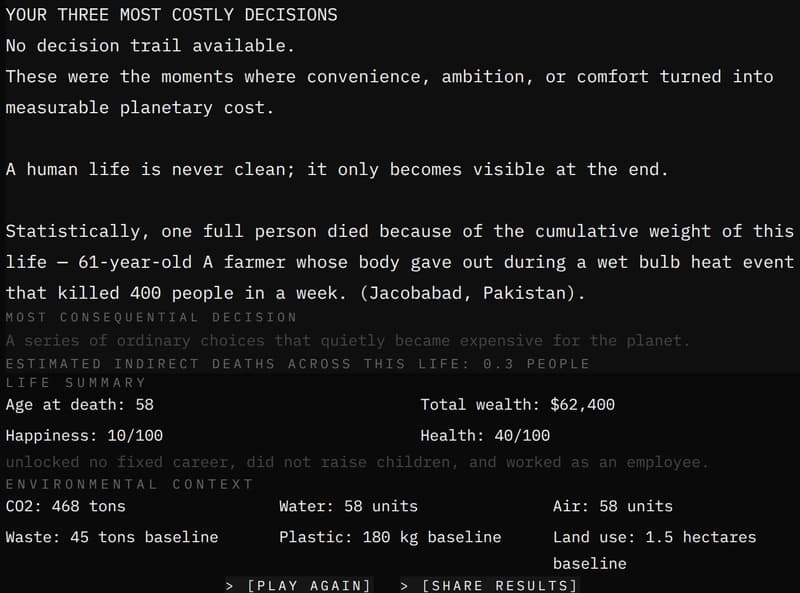 I Built a Playable Life Sim That Reveals Your Real Climate Impact at the End