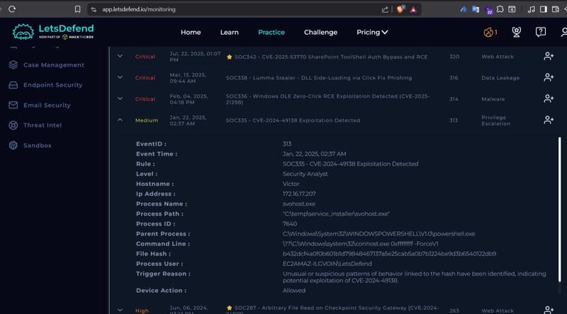 Letsdefend SOC335 - CVE-2024-49138 Exploitation Detected