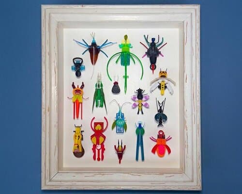 litterbugs reshapes plastic waste into fragile insect sculptures