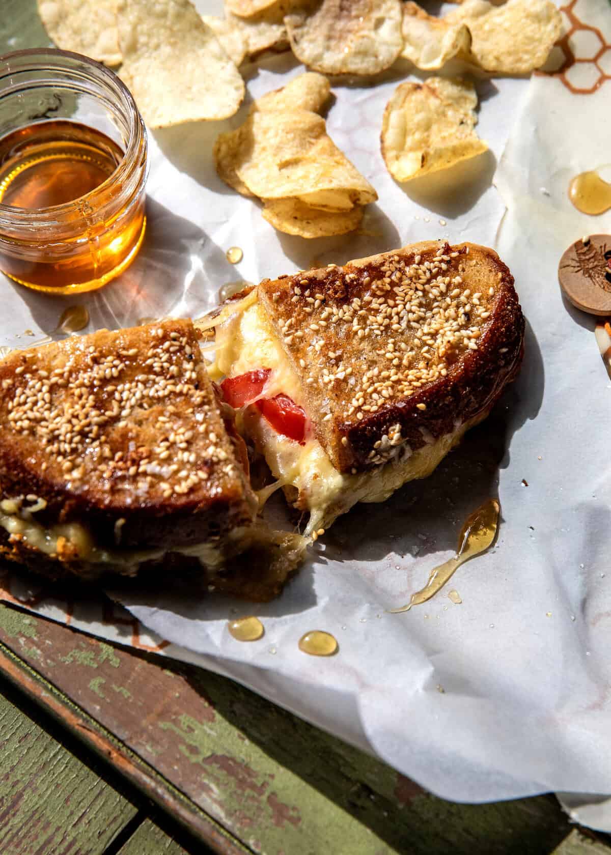 Everything Cheddar, Tomato, and Brie Grilled Cheese.